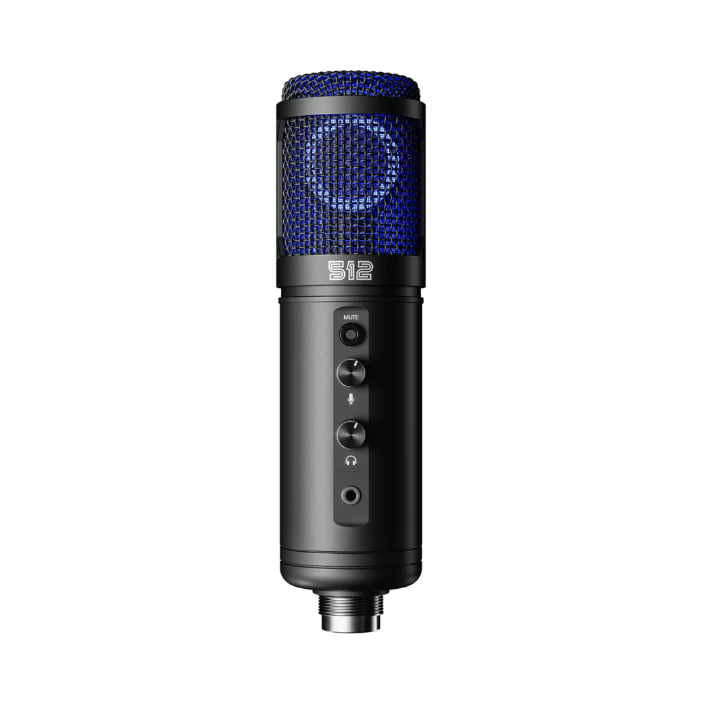 Black microphone with blue mesh on a white background