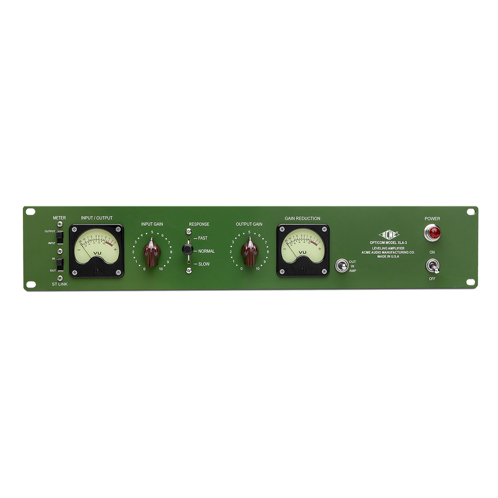Audio equalizer or compressor with green panel and control knobs on a white background