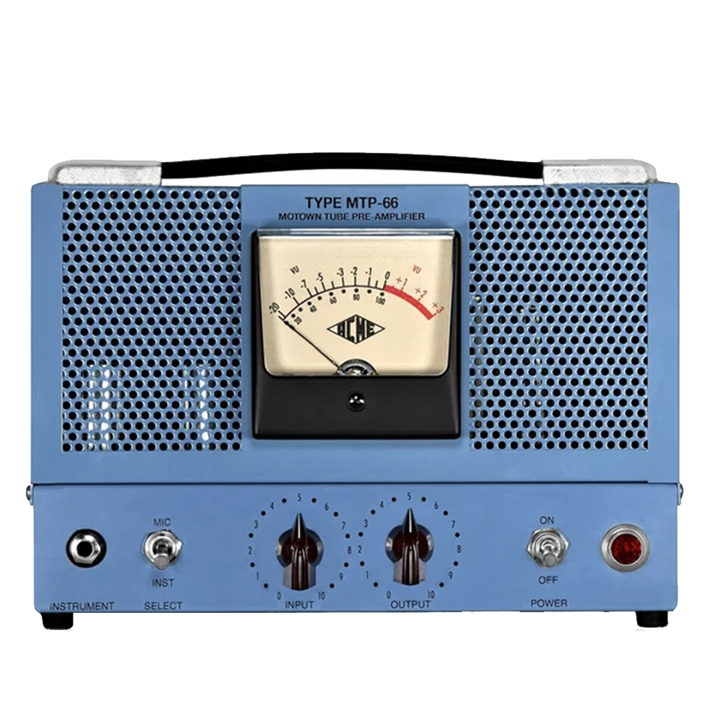 Vintage-style audio amplifier with blue casing and control knobs on a white background