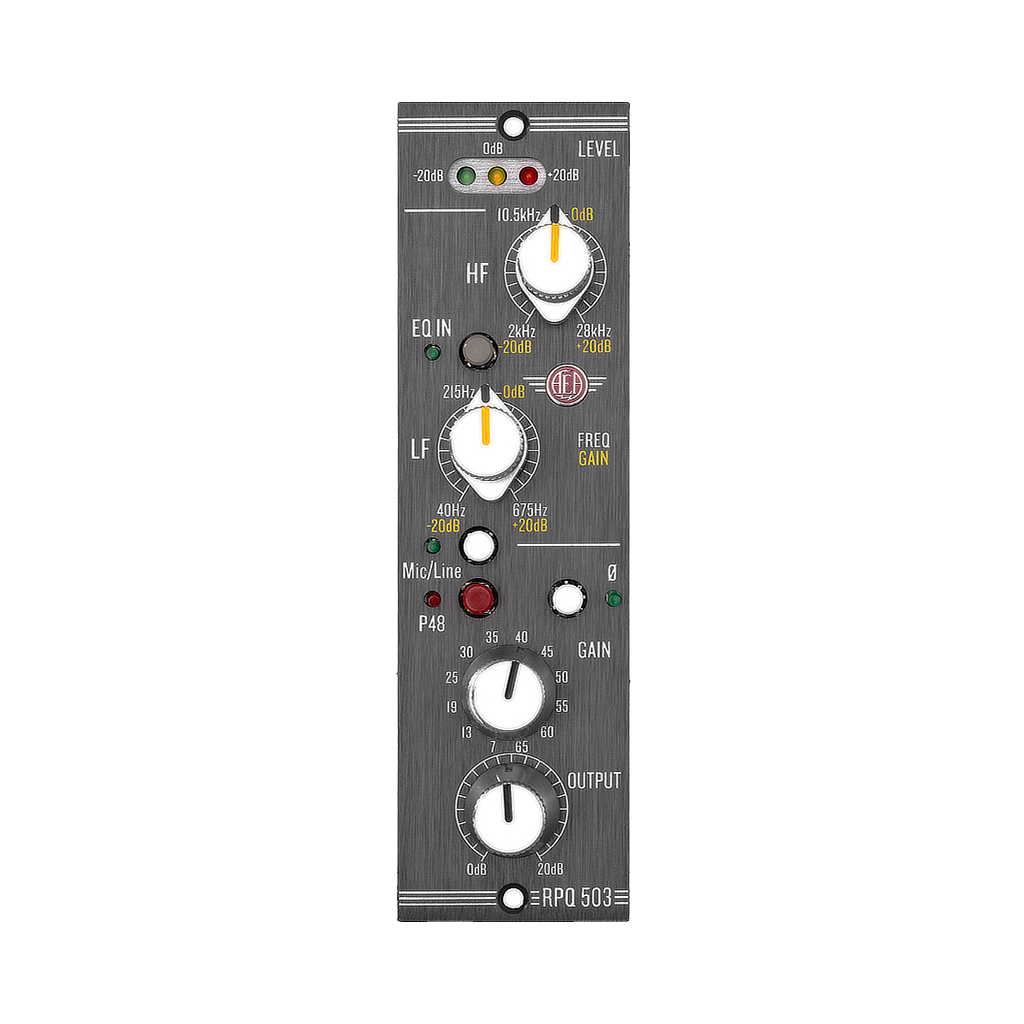 Audio equalizer module with various knobs and labels on a white background