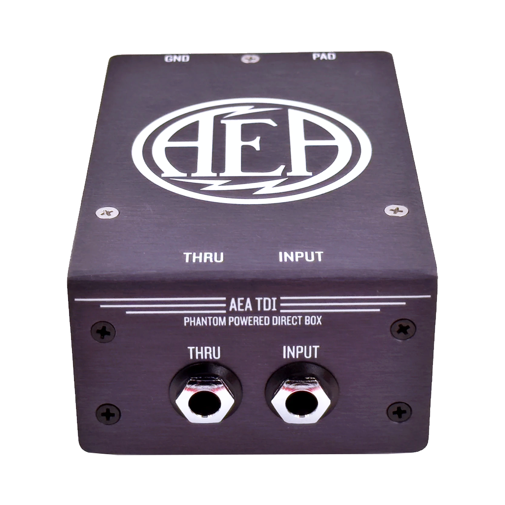 AEA phantom powered direct box with input and thru connectors on a white background