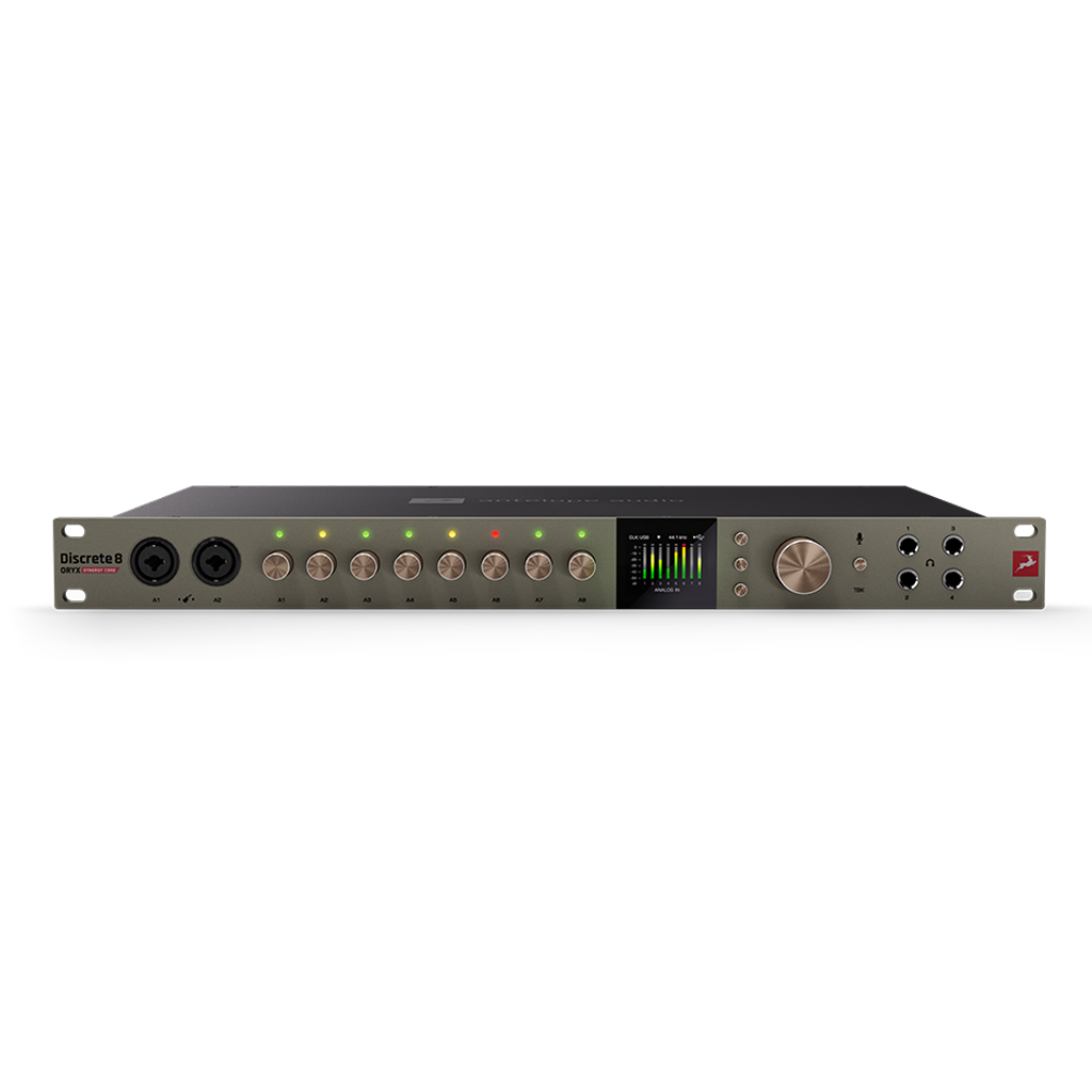 Audio interface with multiple knobs and a display on a white background