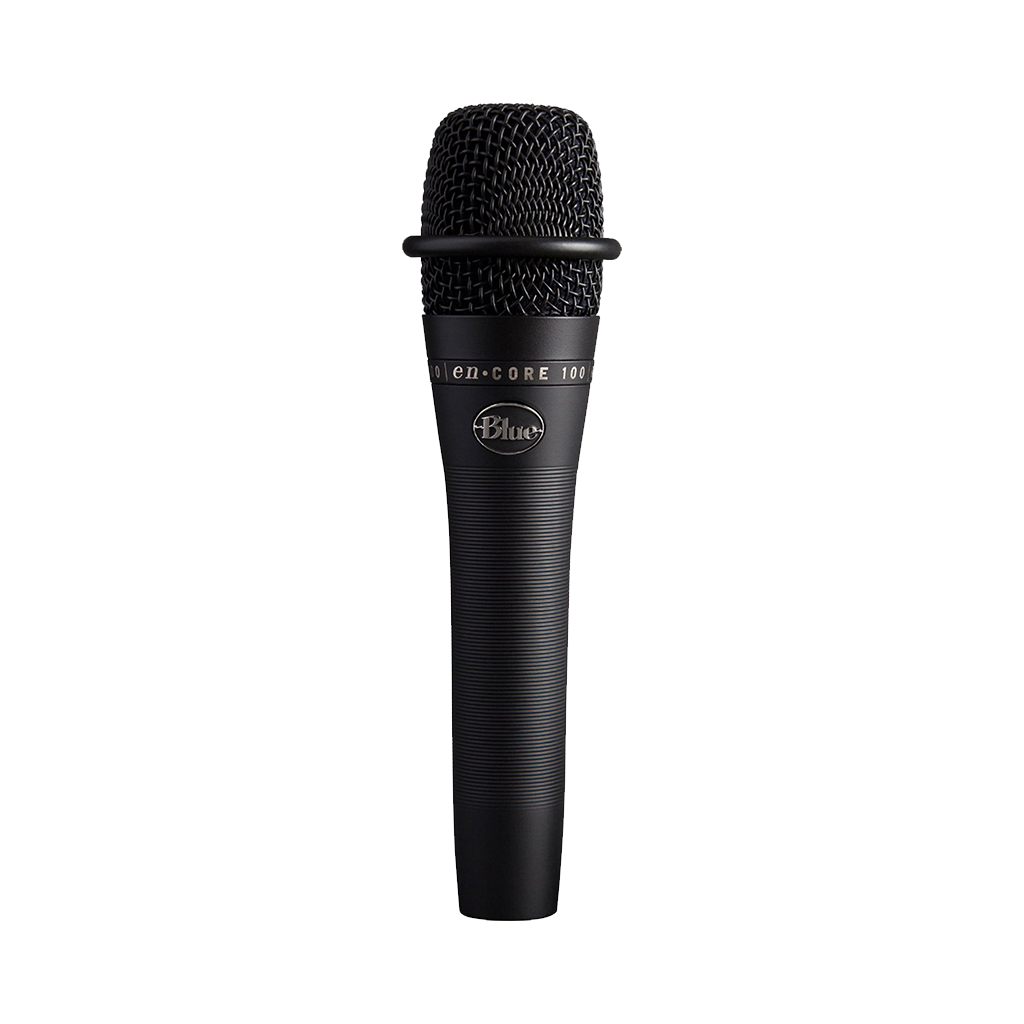 Black microphone with 'Blue' logo on a white background