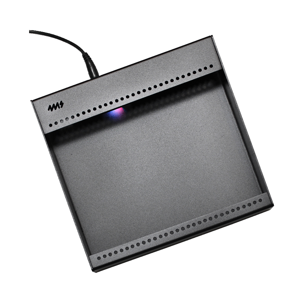 Black electronic device with a cable on a white background
