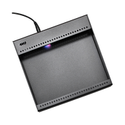 Black electronic device with a cable on a white background