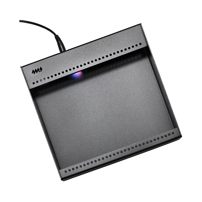 Black electronic device with a cable on a white background