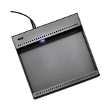 Black electronic device with a cable on a white background