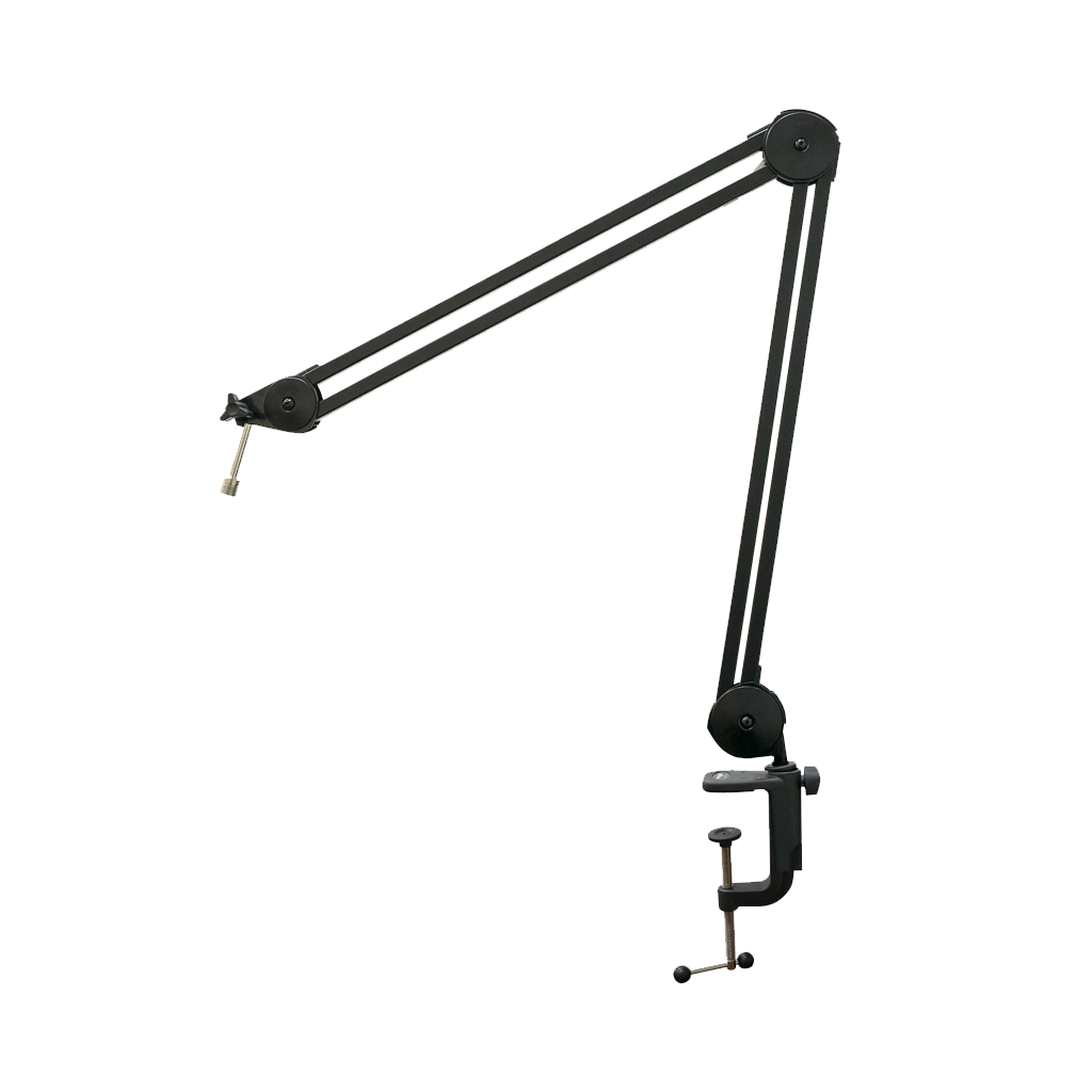 Black adjustable microphone stand arm on a white background