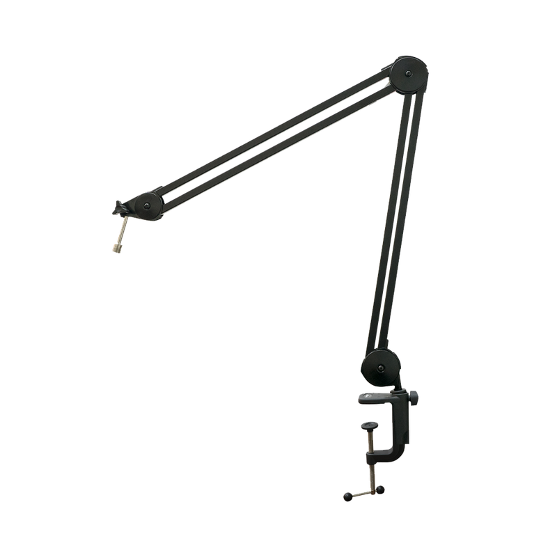 Black adjustable microphone stand arm on a white background