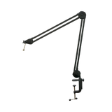 Black adjustable microphone stand arm on a white background