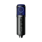Black microphone with blue mesh on a white background