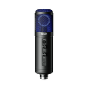 Black microphone with blue mesh on a white background