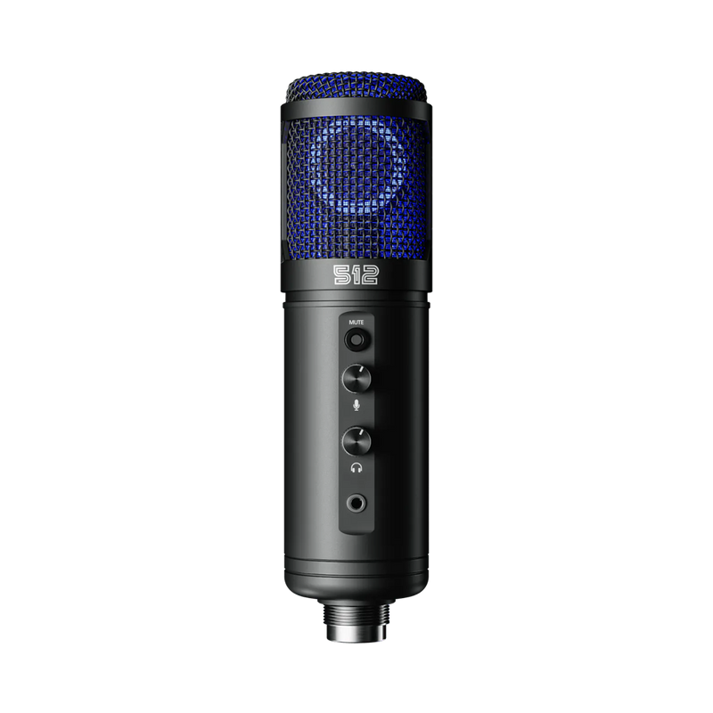 Black microphone with blue mesh on a white background