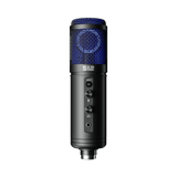 Black microphone with blue mesh on a white background