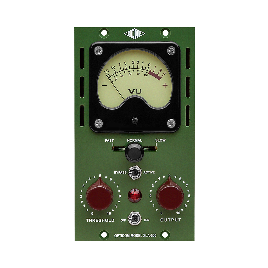 Vintage-style audio control panel with VU meter on a green background