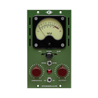 Vintage-style audio control panel with VU meter on a green background