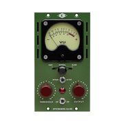 Vintage-style audio control panel with VU meter on a green background