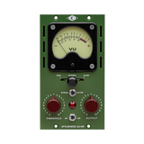Vintage-style audio control panel with VU meter on a green background