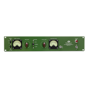 Audio equalizer or compressor with green panel and control knobs on a white background