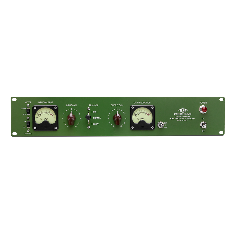 Audio equalizer or compressor with green panel and control knobs on a white background