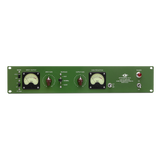 Audio equalizer or compressor with green panel and control knobs on a white background