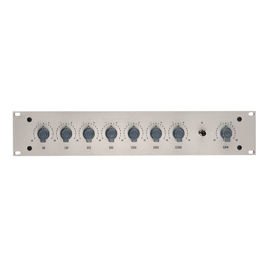 Audio equalizer panel with multiple knobs on a white background