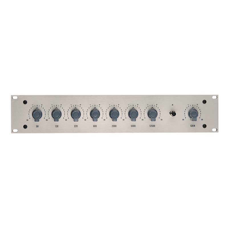 Audio equalizer panel with multiple knobs on a white background