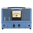 Vintage-style audio amplifier with blue casing and control knobs on a white background