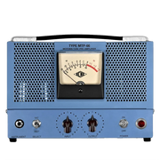 Vintage-style audio amplifier with blue casing and control knobs on a white background