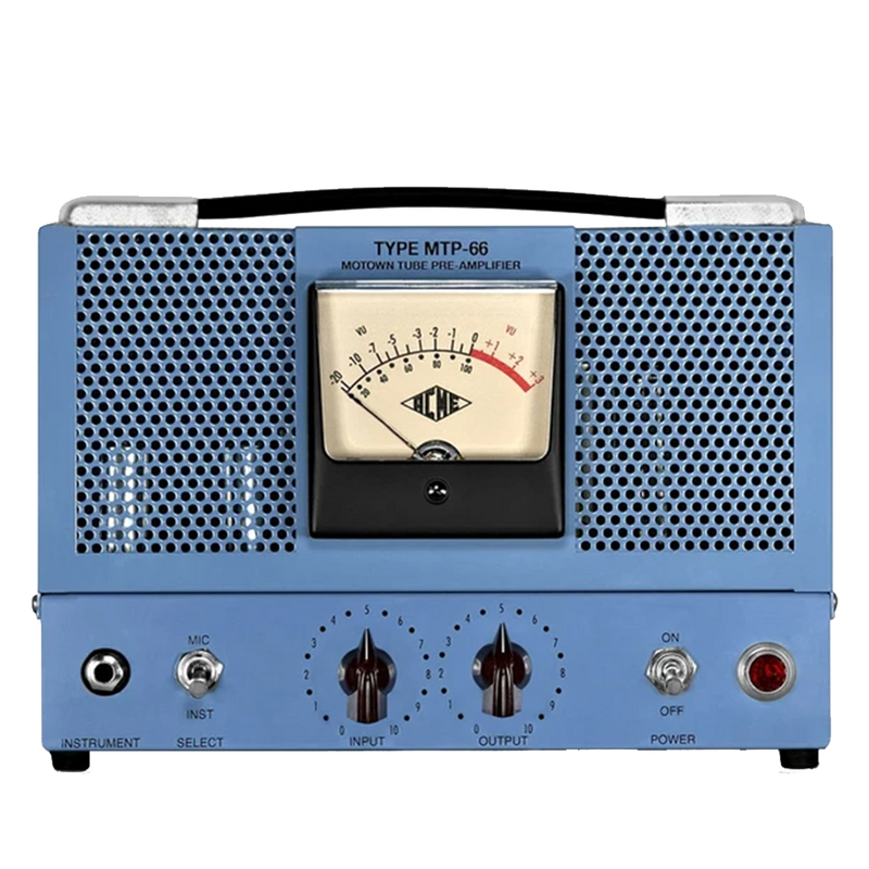 Vintage-style audio amplifier with blue casing and control knobs on a white background