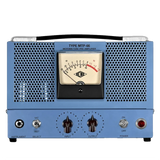 Vintage-style audio amplifier with blue casing and control knobs on a white background