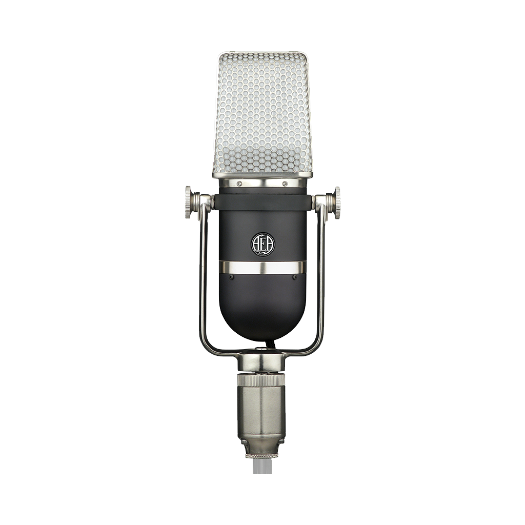Condenser microphone with mesh cover on a white background
