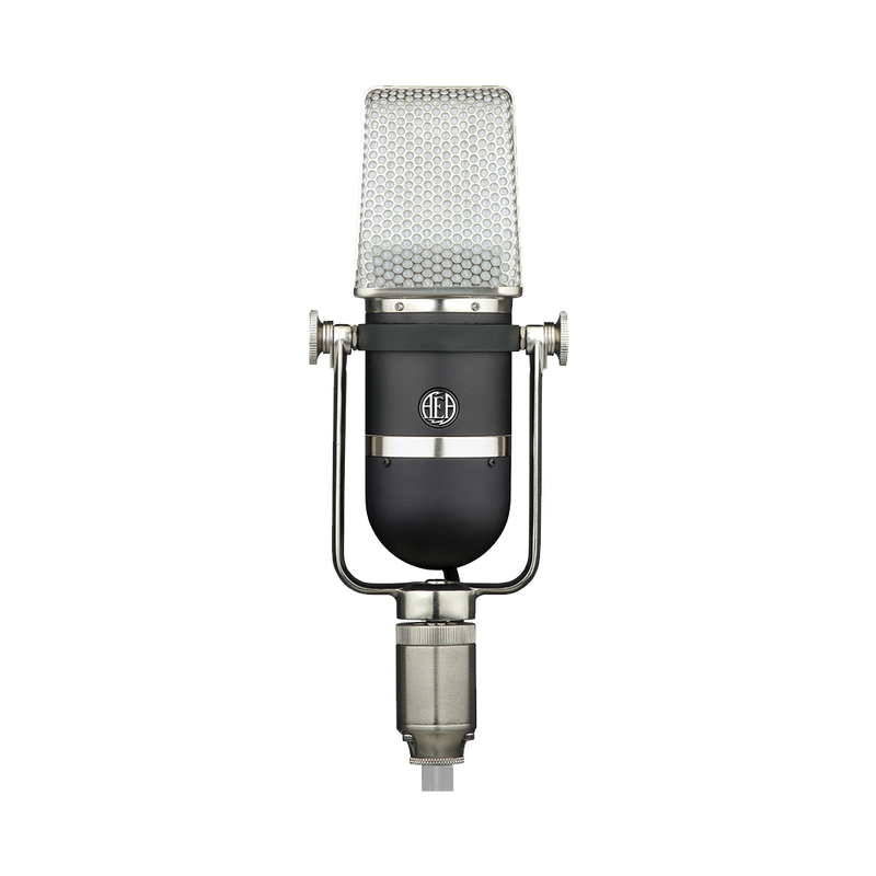 Condenser microphone with mesh cover on a white background
