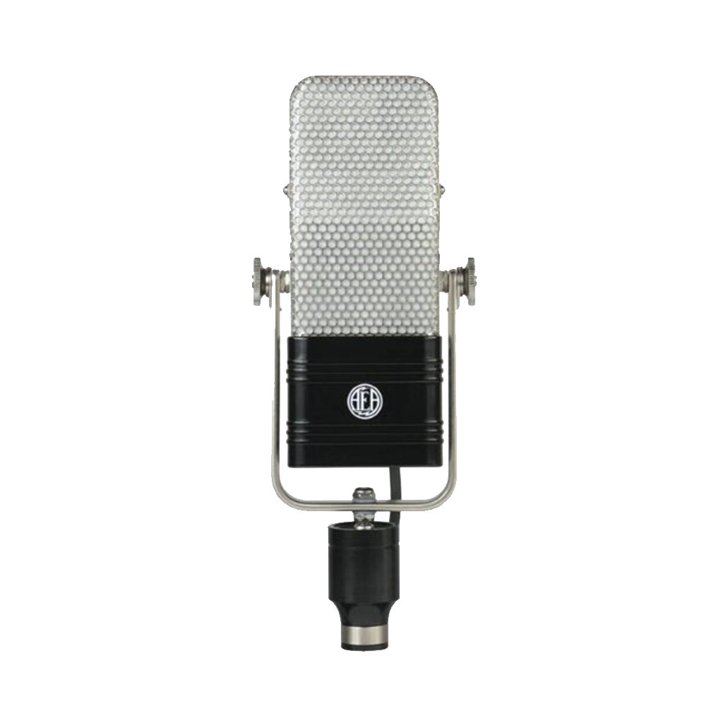 Condenser microphone with a silver mesh cover on a white background