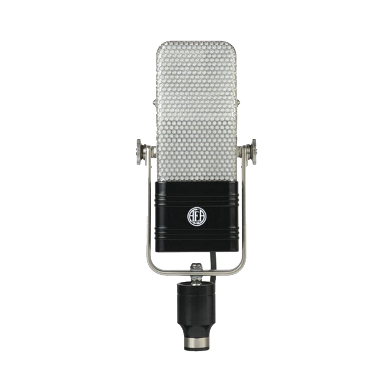 Condenser microphone with a silver mesh cover on a white background