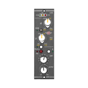 Audio equalizer module with various knobs and labels on a white background