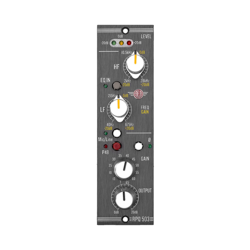 Audio equalizer module with various knobs and labels on a white background