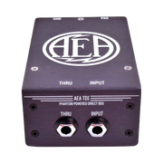 AEA phantom powered direct box with input and thru connectors on a white background