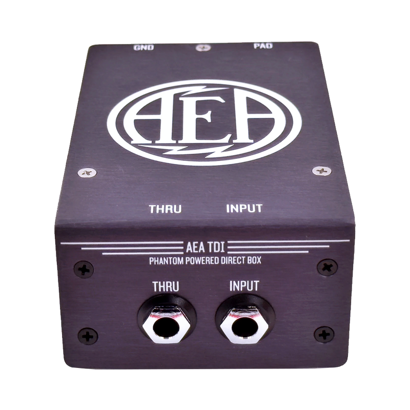 AEA phantom powered direct box with input and thru connectors on a white background