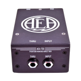 AEA phantom powered direct box with input and thru connectors on a white background