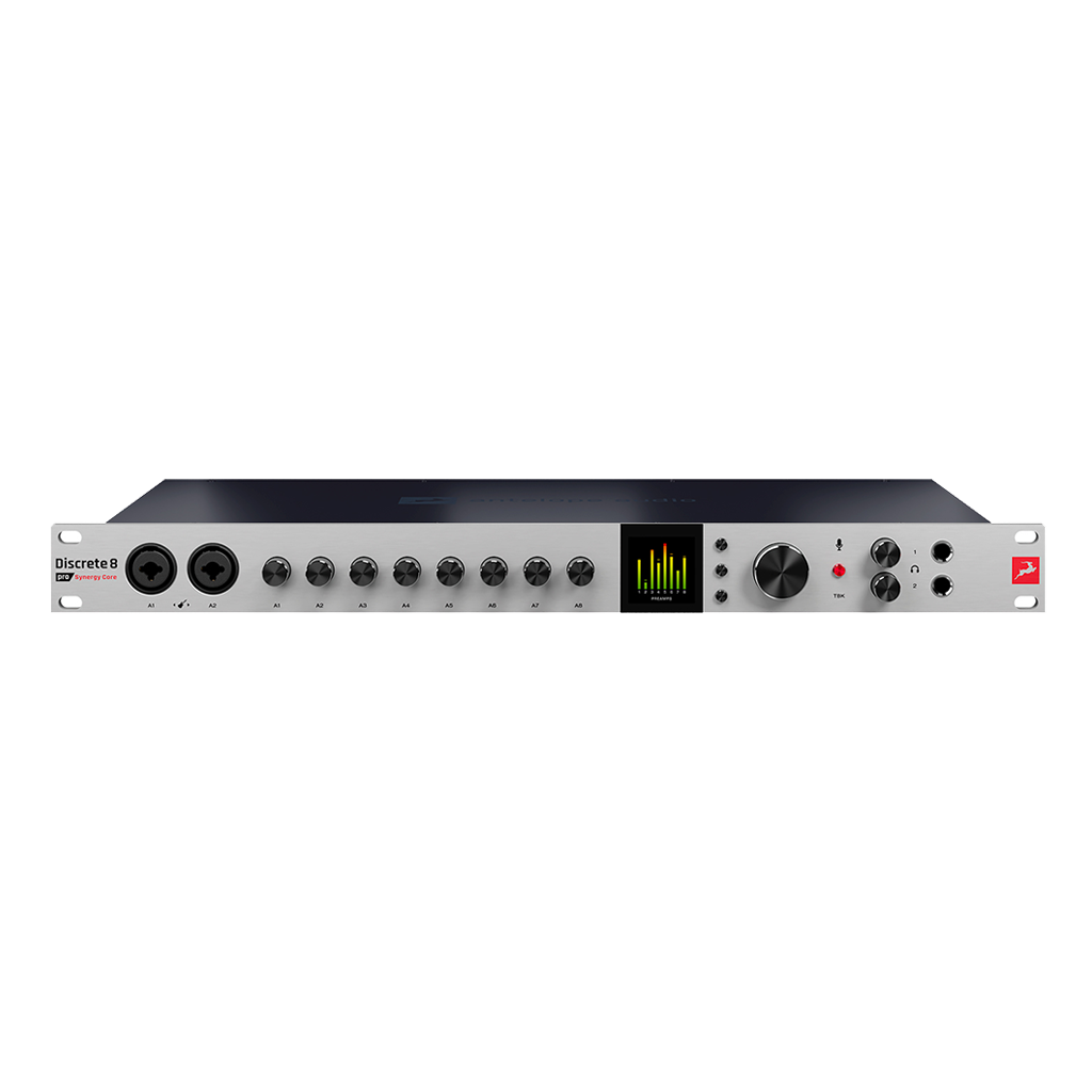 Audio interface with multiple knobs and a display on a white background