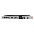 Audio interface with multiple knobs and a display on a white background