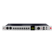Audio interface with multiple knobs and a display on a white background