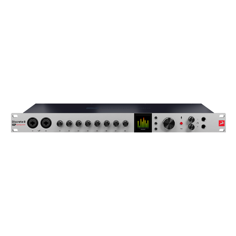 Audio interface with multiple knobs and a display on a white background