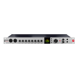 Audio interface with multiple knobs and a display on a white background