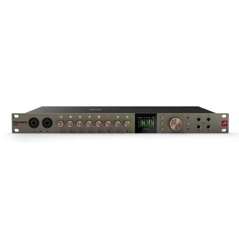 Audio interface with multiple knobs and a display on a white background