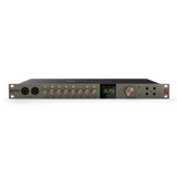 Audio interface with multiple knobs and a display on a white background