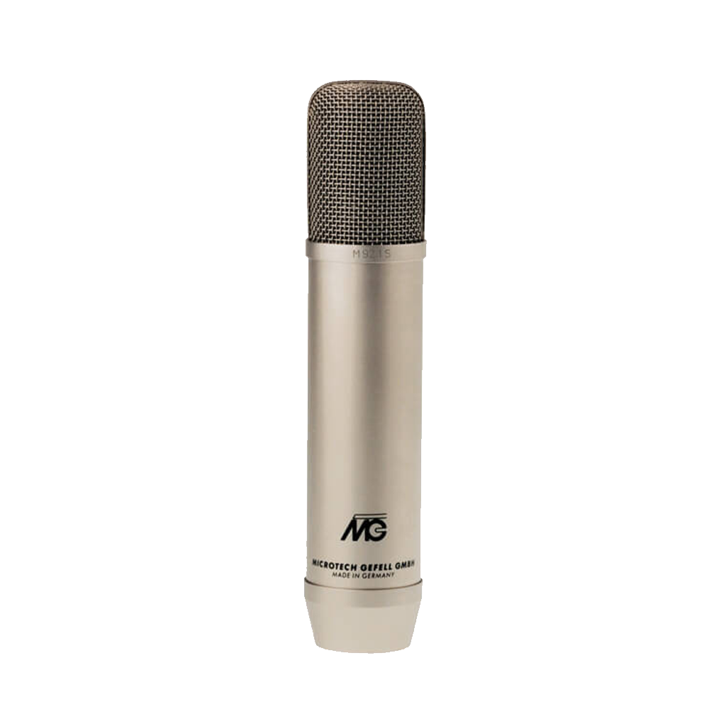 Condenser microphone with metallic body and black mesh on a white background